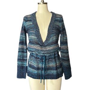 Art & Soul Open Knit Tunic Sweater Size M Tie Waist Plunge Neckline Blue Artsy